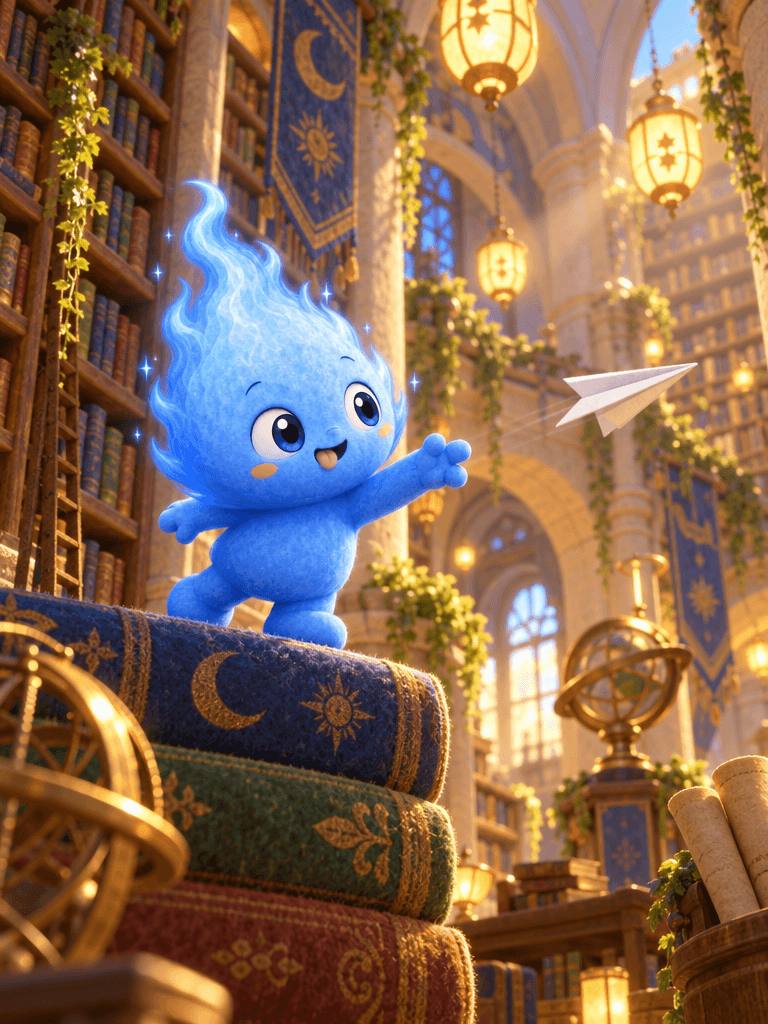 Blue throws a paper airplane from a stack of giant felt books in the Grand Library